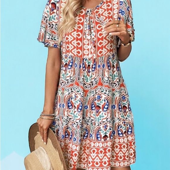 Boho Tie Neck Flounce Sleeve Ruffle Hem Mini Dress - Picture 3 of 4